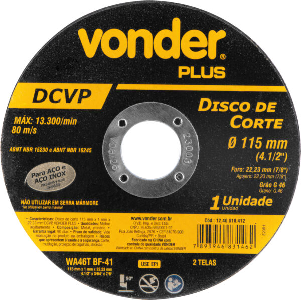 Disco de corte 115 mm x 1,0 mm x 22,23 mm DCVP, VONDER PLUS